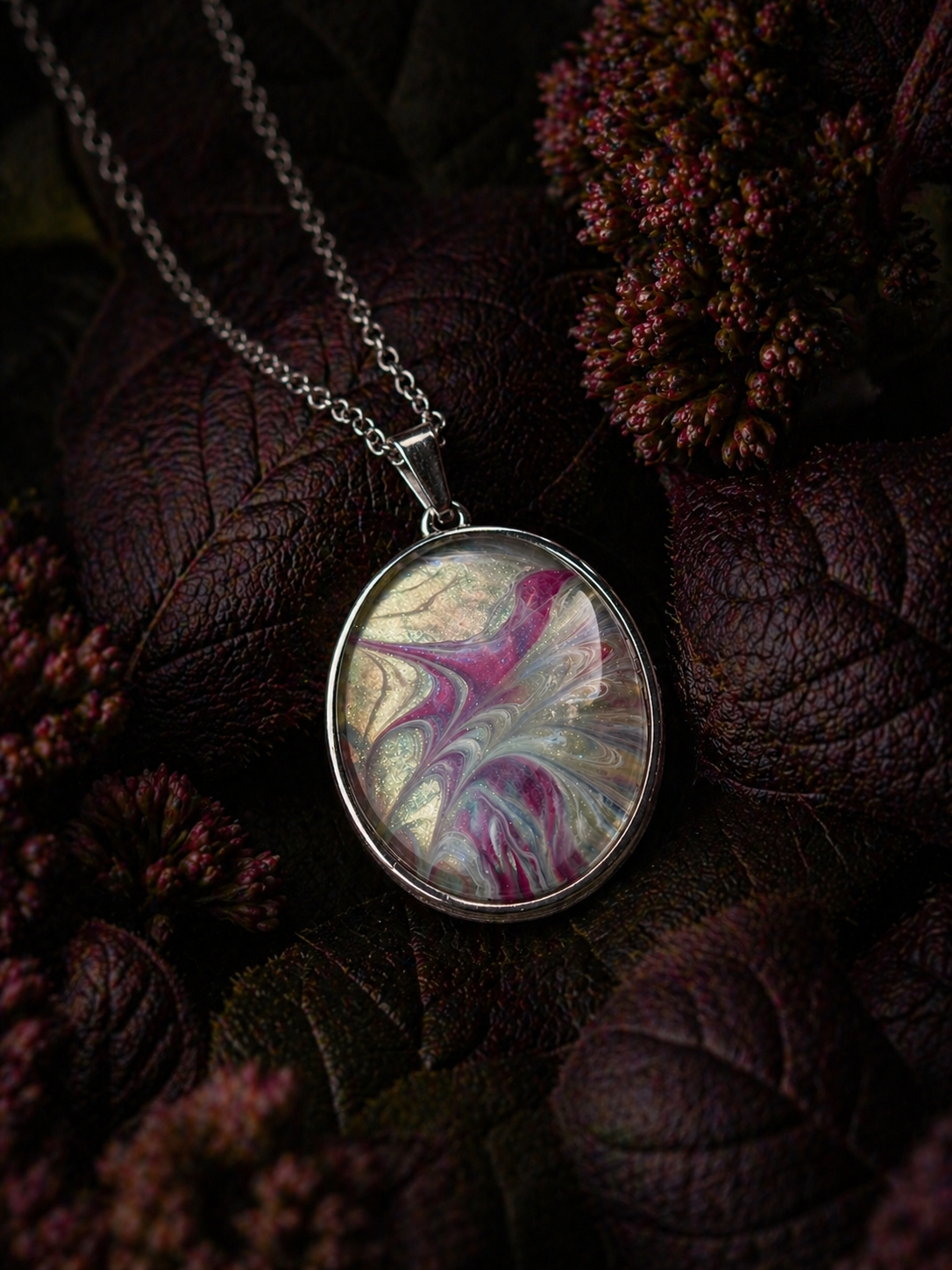 Hypo Allergenic, Hand Painted, Stainless Steel Oval Pendant Necklace, Unique, Allergy Safe, One Of A Kind