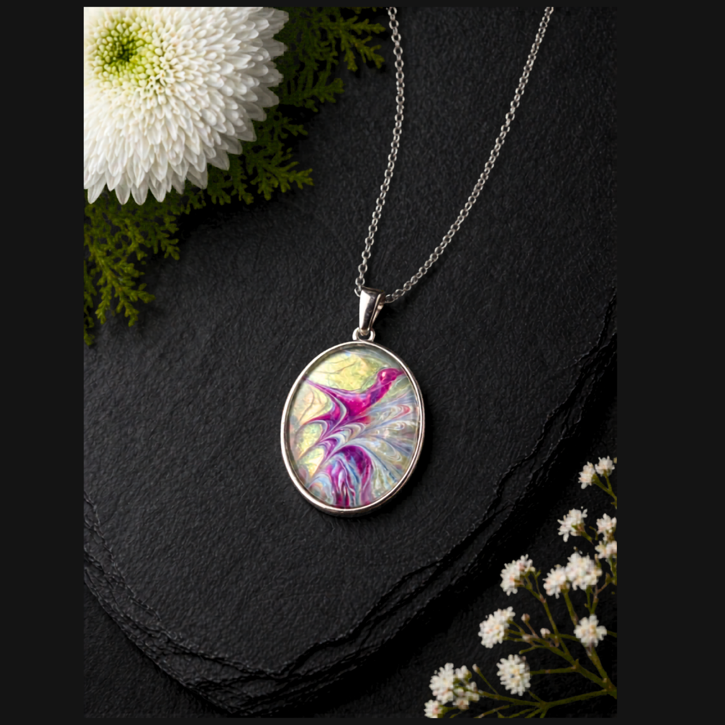 Hypo Allergenic, Hand Painted, Stainless Steel Oval Pendant Necklace, Unique, Allergy Safe, One Of A Kind