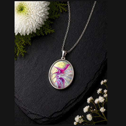 Hypo Allergenic, Hand Painted, Stainless Steel Oval Pendant Necklace, Unique, Allergy Safe, One Of A Kind