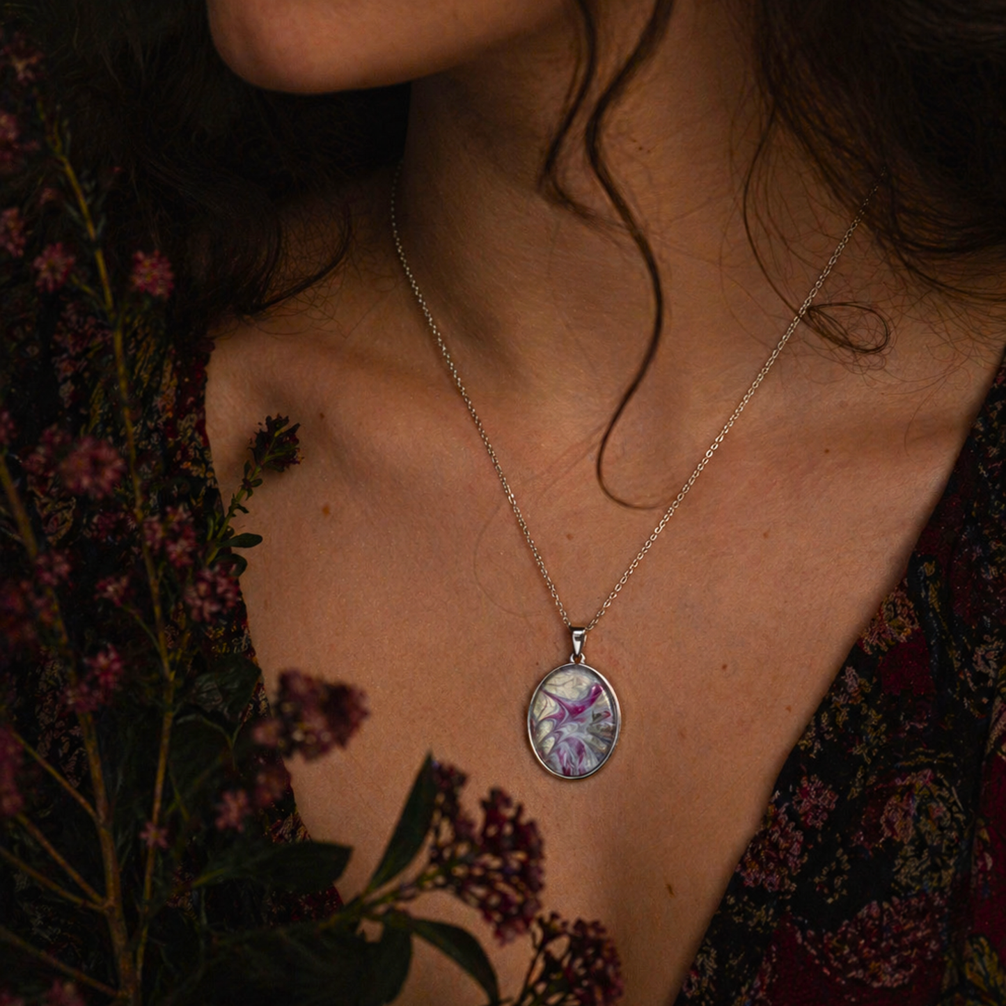 Hypo Allergenic, Hand Painted, Stainless Steel Oval Pendant Necklace, Unique, Allergy Safe, One Of A Kind