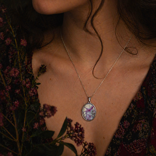 Hypo Allergenic, Hand Painted, Stainless Steel Oval Pendant Necklace, Unique, Allergy Safe, One Of A Kind