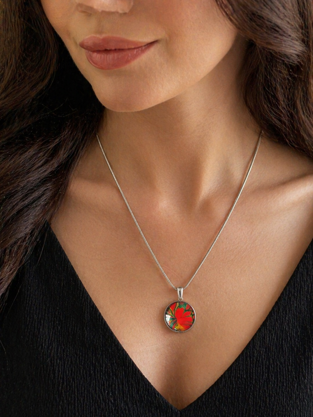 Hypo Allergenic, Hand Painted, Stainless Steel Round Pendant Necklace, Unique, Allergy Safe, Nickel Free, One Of A Kind