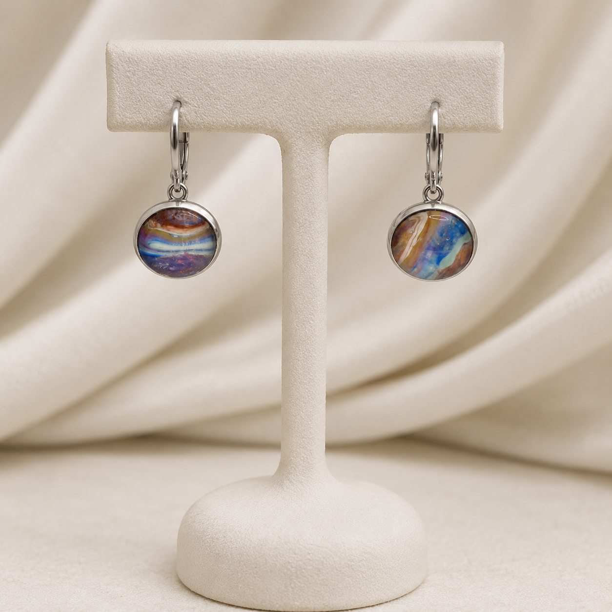 Handmade Hand-Painted Fluid Art Huggie Drop Earrings, Hypoallergenic Stainless Steel, Unique. One Of A Kind