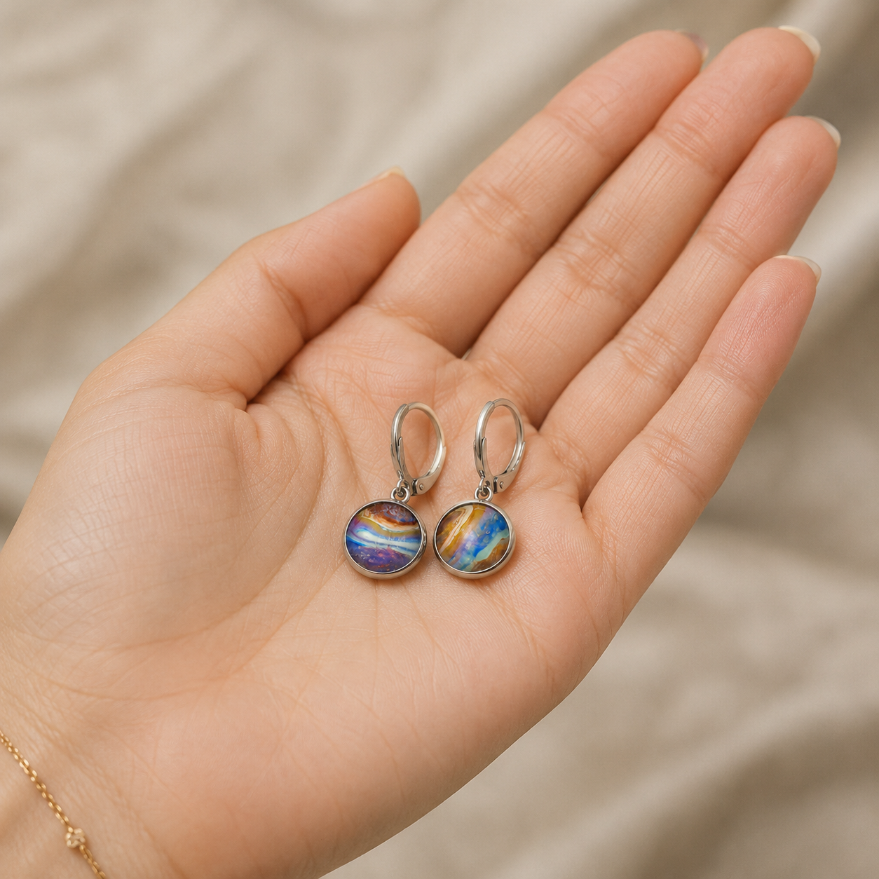 Handmade Hand-Painted Fluid Art Huggie Drop Earrings, Hypoallergenic Stainless Steel, Unique. One Of A Kind