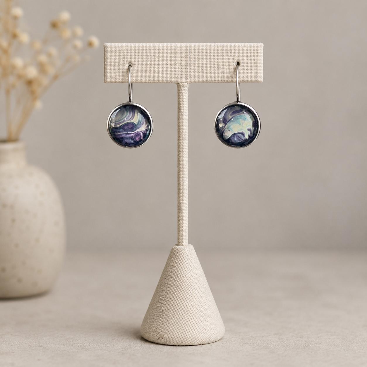 Handmade Hand-Painted Hypoallergenic Fluid Art Huggie Style Earrings. Unique. One of a Kind.