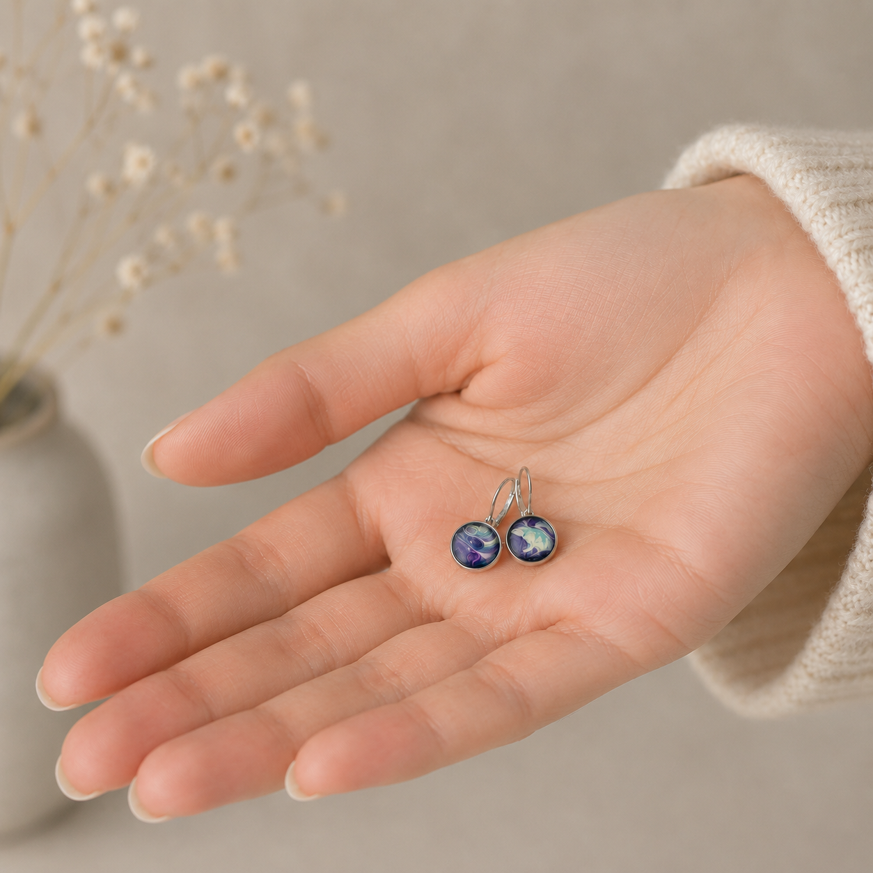 Handmade Hand-Painted Hypoallergenic Fluid Art Huggie Style Earrings. Unique. One of a Kind.