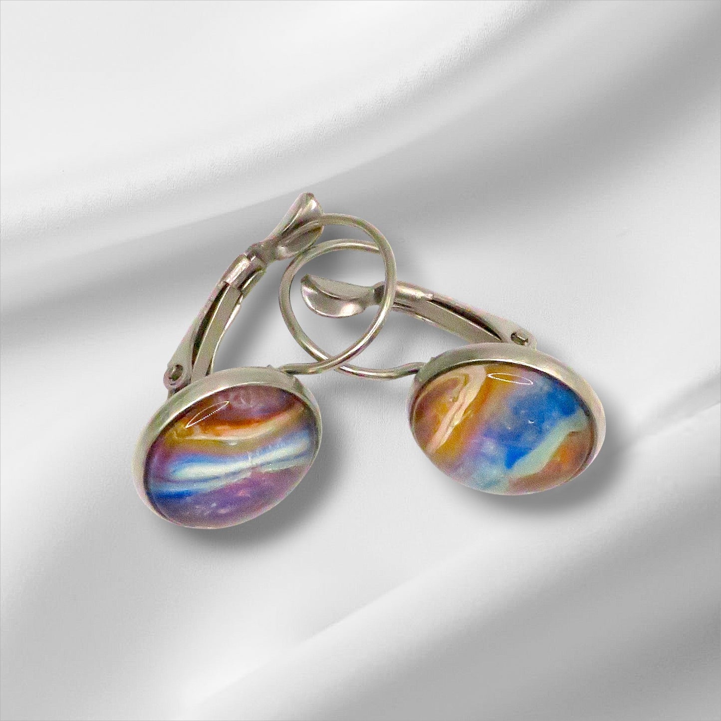 Handmade Hand-Painted Fluid Art Huggie Drop Earrings, Hypoallergenic Stainless Steel, Unique. One Of A Kind