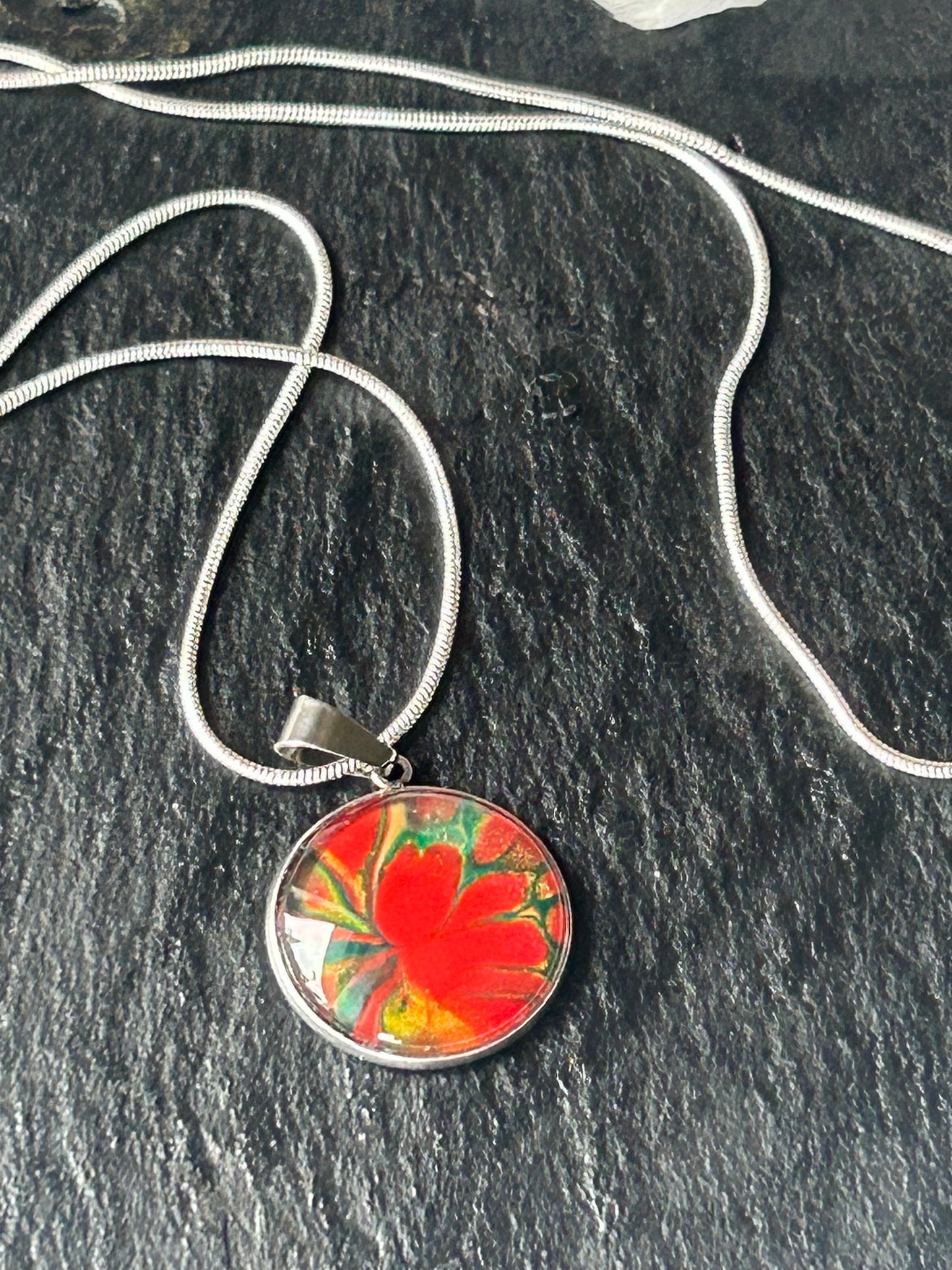 Hypo Allergenic, Hand Painted, Stainless Steel Round Pendant Necklace, Unique, Allergy Safe, Nickel Free, One Of A Kind