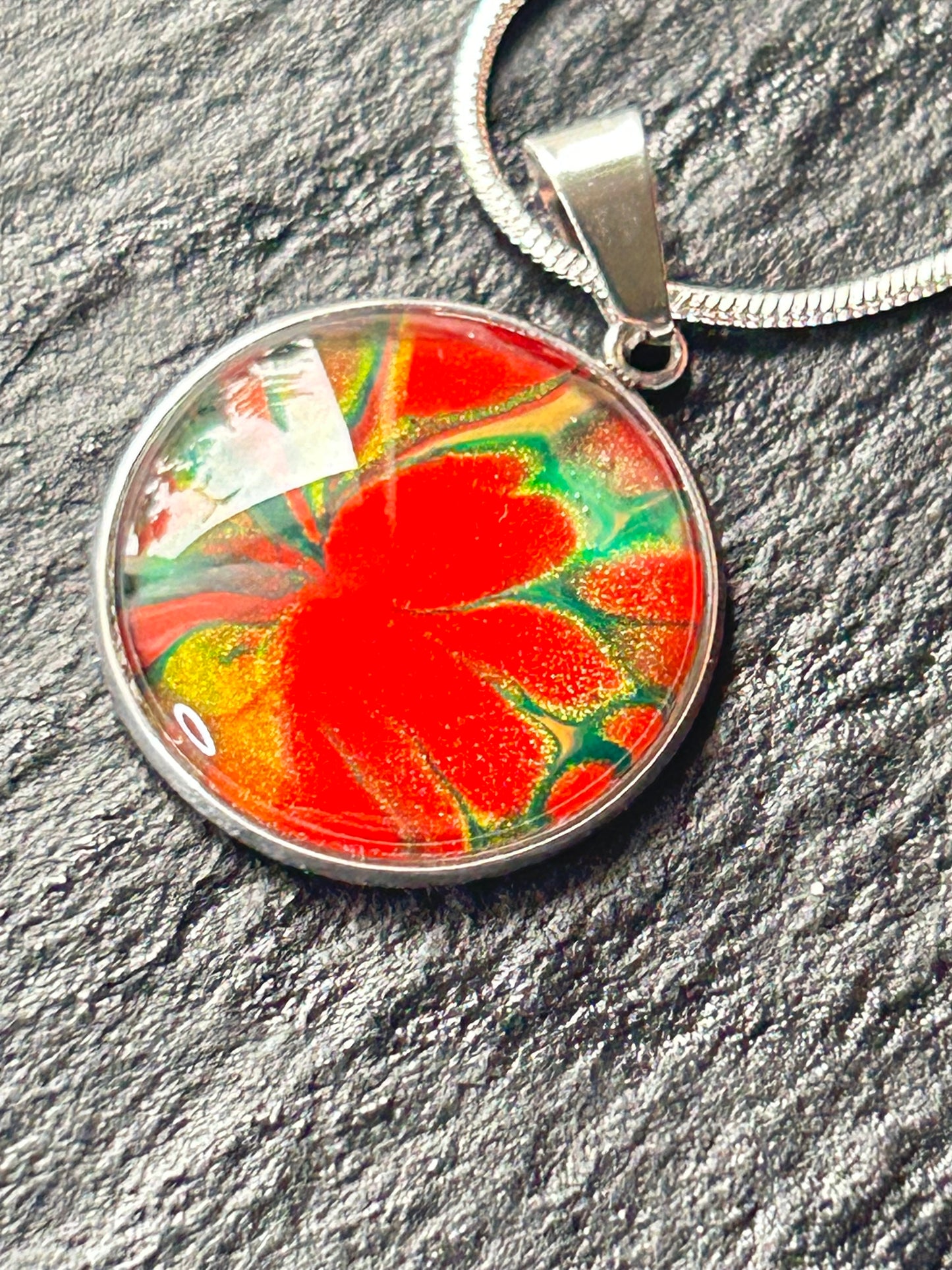 Hypo Allergenic, Hand Painted, Stainless Steel Round Pendant Necklace, Unique, Allergy Safe, Nickel Free, One Of A Kind