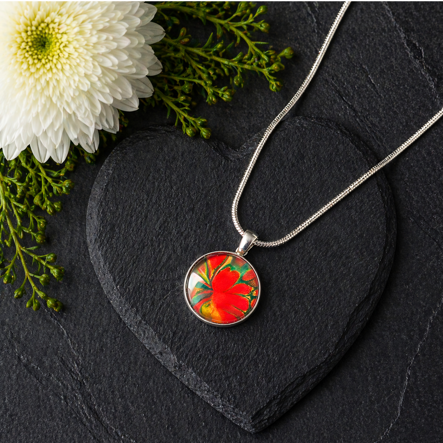 Hypo Allergenic, Hand Painted, Stainless Steel Round Pendant Necklace, Unique, Allergy Safe, Nickel Free, One Of A Kind