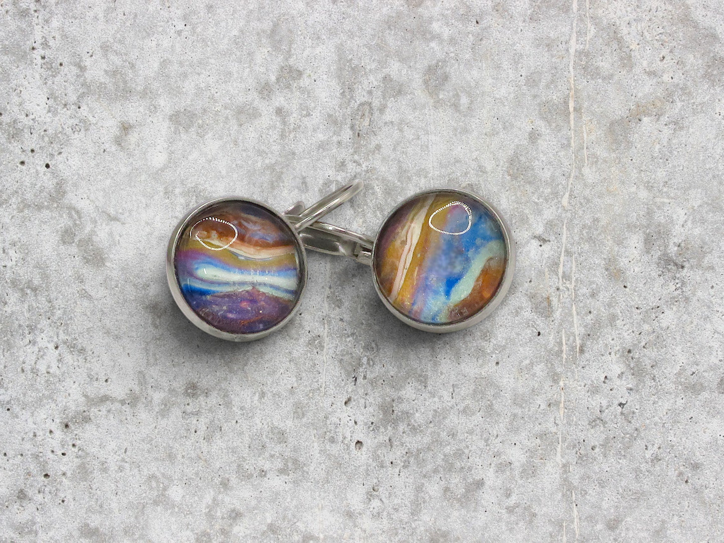 Handmade Hand-Painted Fluid Art Huggie Drop Earrings, Hypoallergenic Stainless Steel, Unique. One Of A Kind