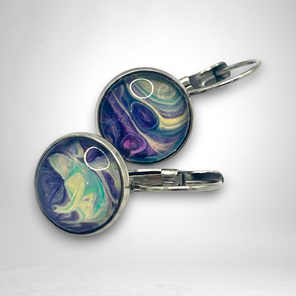 Handmade Hand-Painted Hypoallergenic Fluid Art Huggie Style Earrings. Unique. One of a Kind.